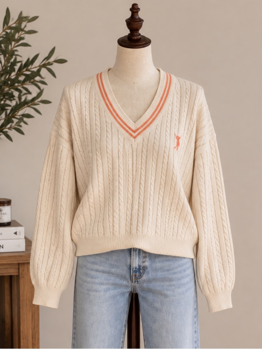 Vintage 90s IZOD Cable Knit Sweater M Cream Preppy Tennis Old Money Varsity